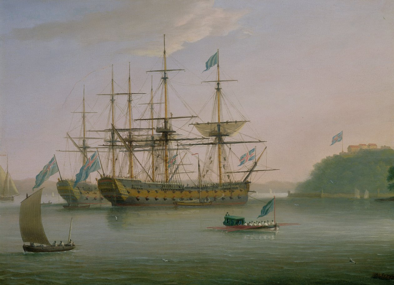Twee Britse oorlogsschepen voor anker onder Mount Edgecomb, Plymouth met de admiraalsboot terugkerend naar de kust door Dominic Serres