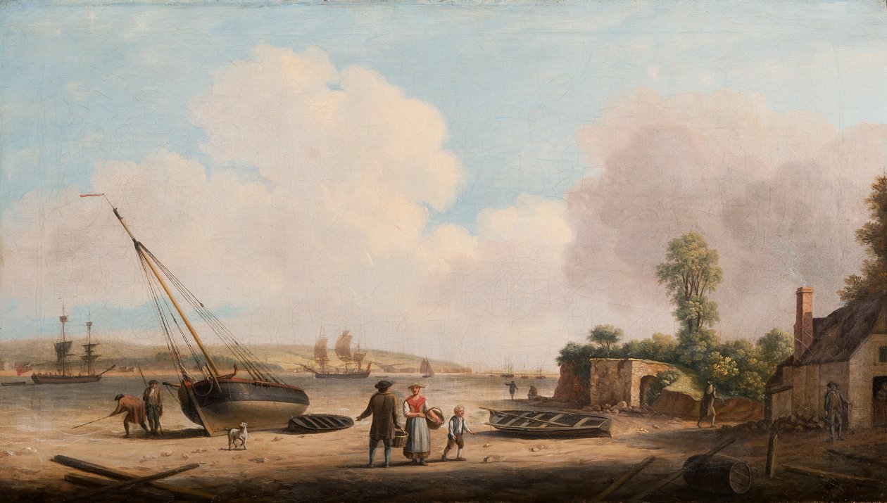 Uitzicht op Gravesend met een gestrande vissersboot en schepen in de riviermonding, 1770 door Dominic Serres