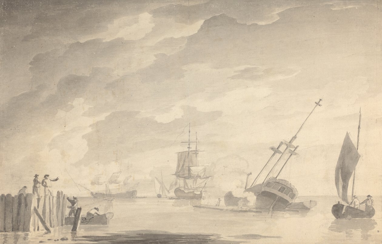 Gevechtsscène, Drie Slagschepen, Eén Zinkend; Figuren Links in Roeiboot en Staande Pier door Dominic Serres