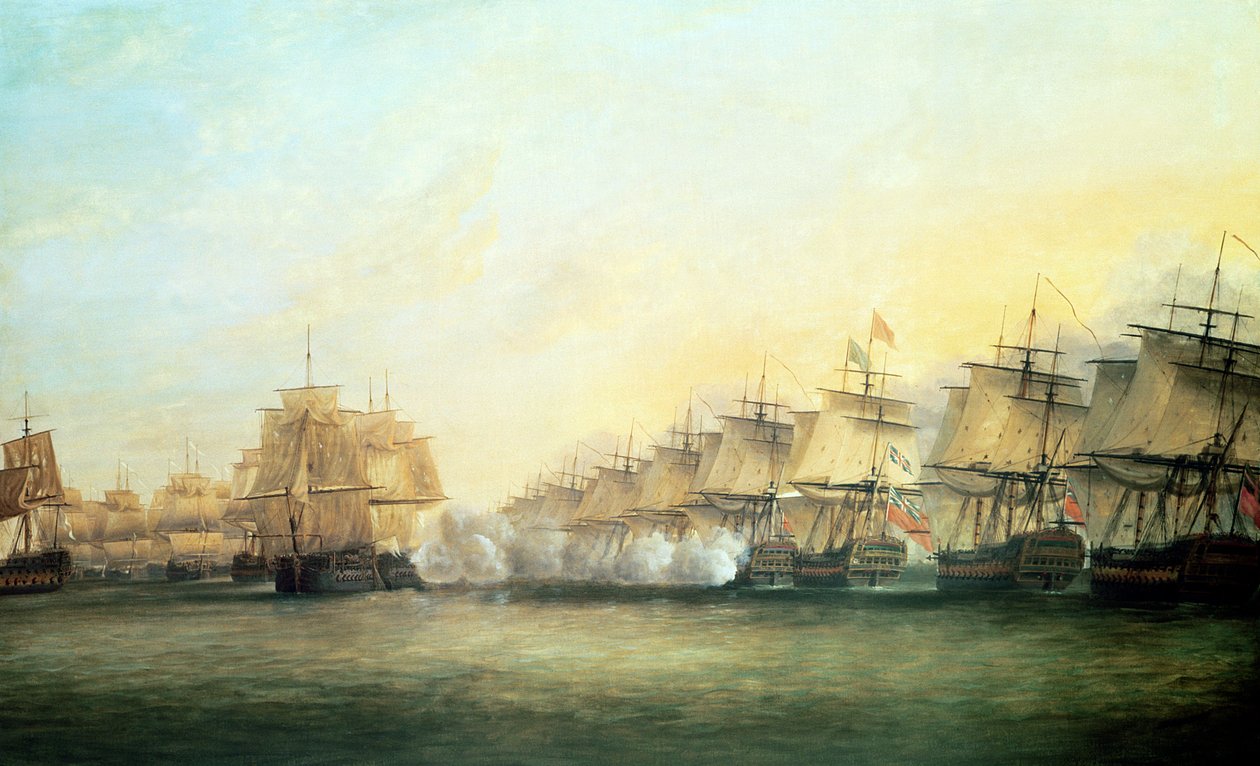 De vierde actie bij Trincomalee tussen de Engelsen onder admiraal Sir Edward Hughes en de Fransen onder M. de Suffren, 1782 door Dominic Serres