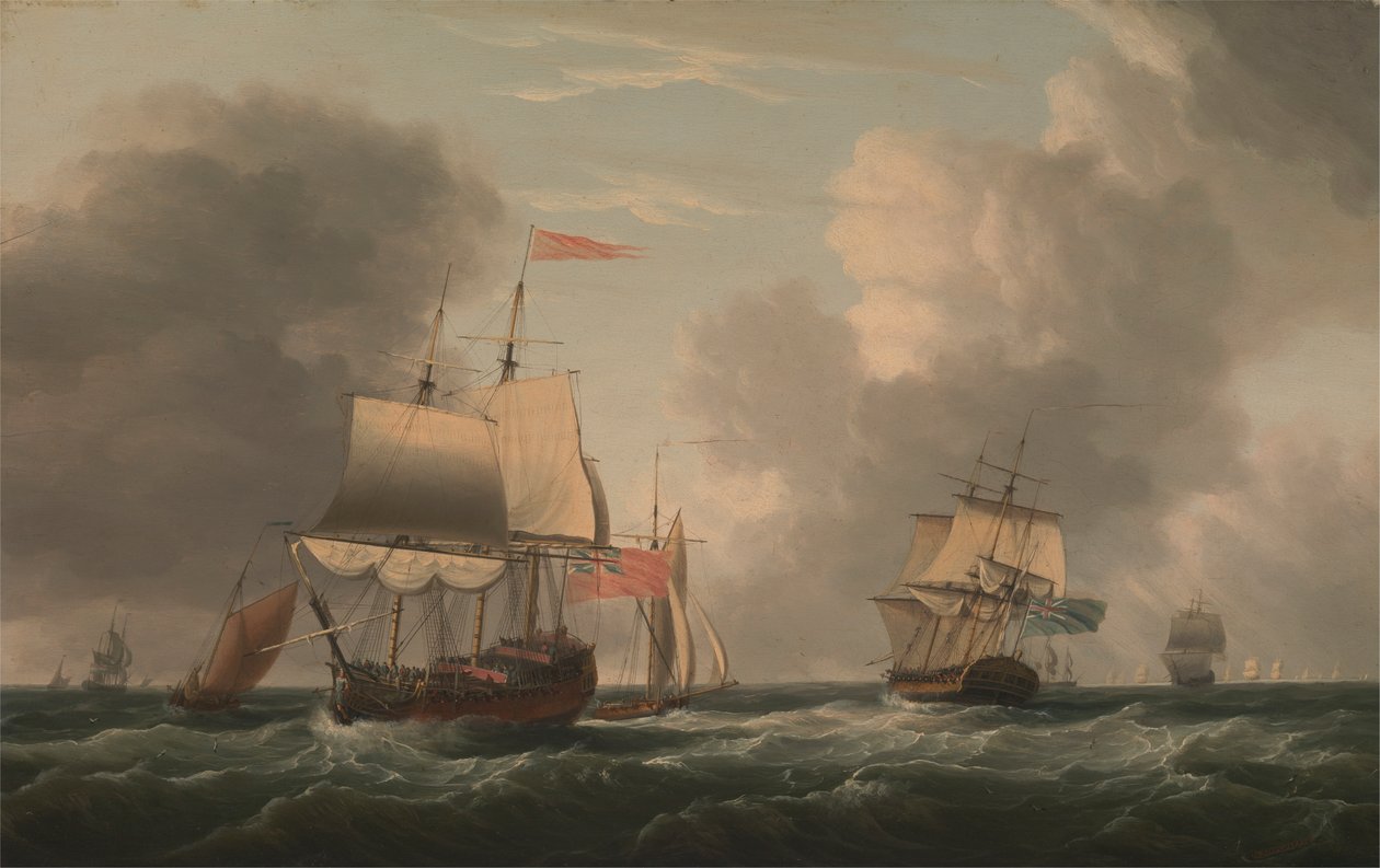 Een Engelse tweedekker in de wind, met andere schepen en vaartuigen in een frisse bries door Dominic Serres RA