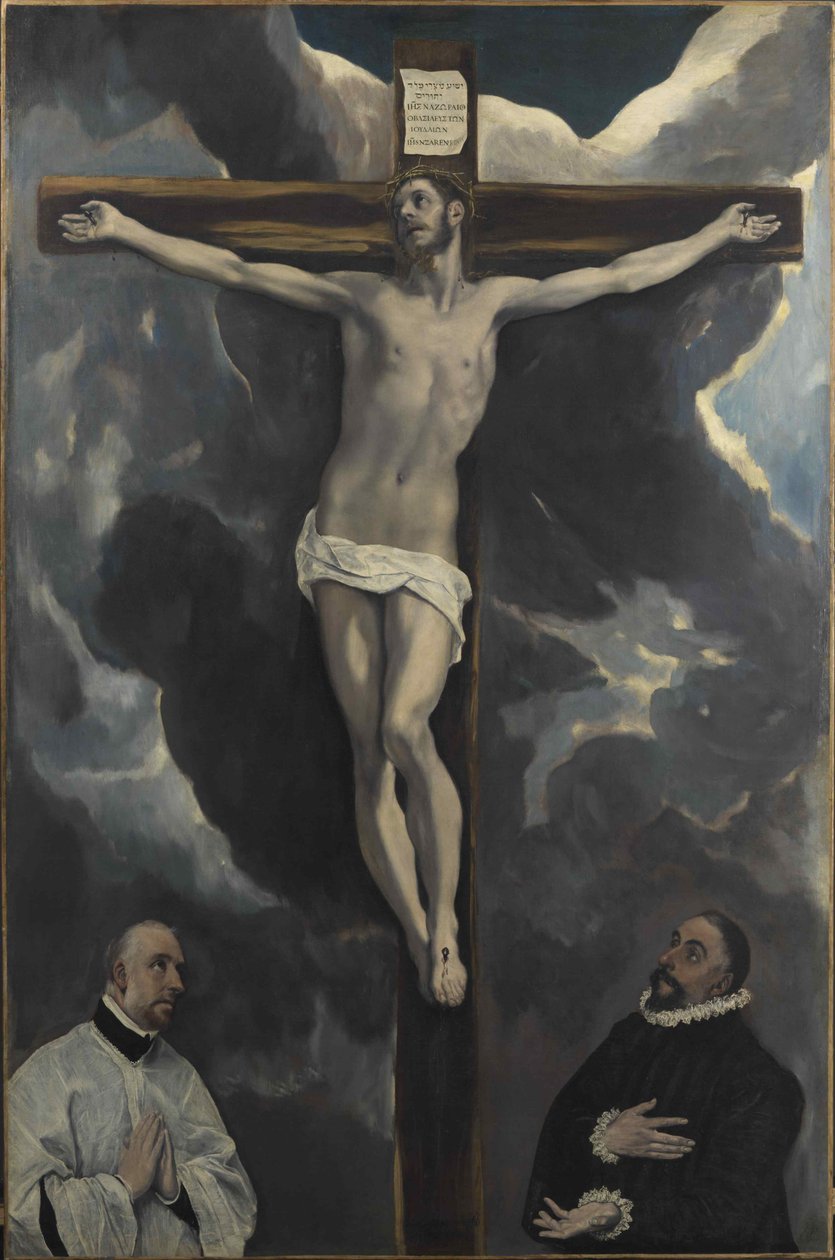 Christus aan het kruis aanbeden door twee schenkers, eind 16e eeuw door Dominico El Greco
