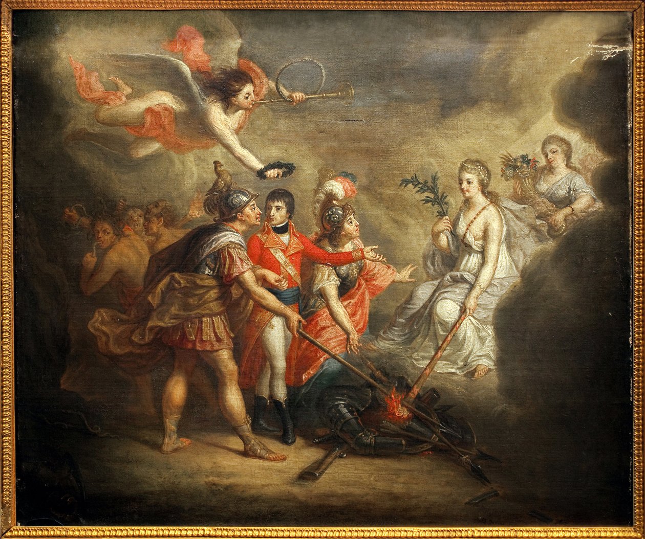 De vrede van Amiens. Verdrag ondertekend op 25 maart 1802 tussen het Verenigd Koninkrijk en zijn bondgenoten het Ottomaanse Rijk enerzijds en Frankrijk, Spanje en Nederland anderzijds. Het schilderij toont Napoleon I Bonaparte, gekroond door een engel die  door Dominique Doncre