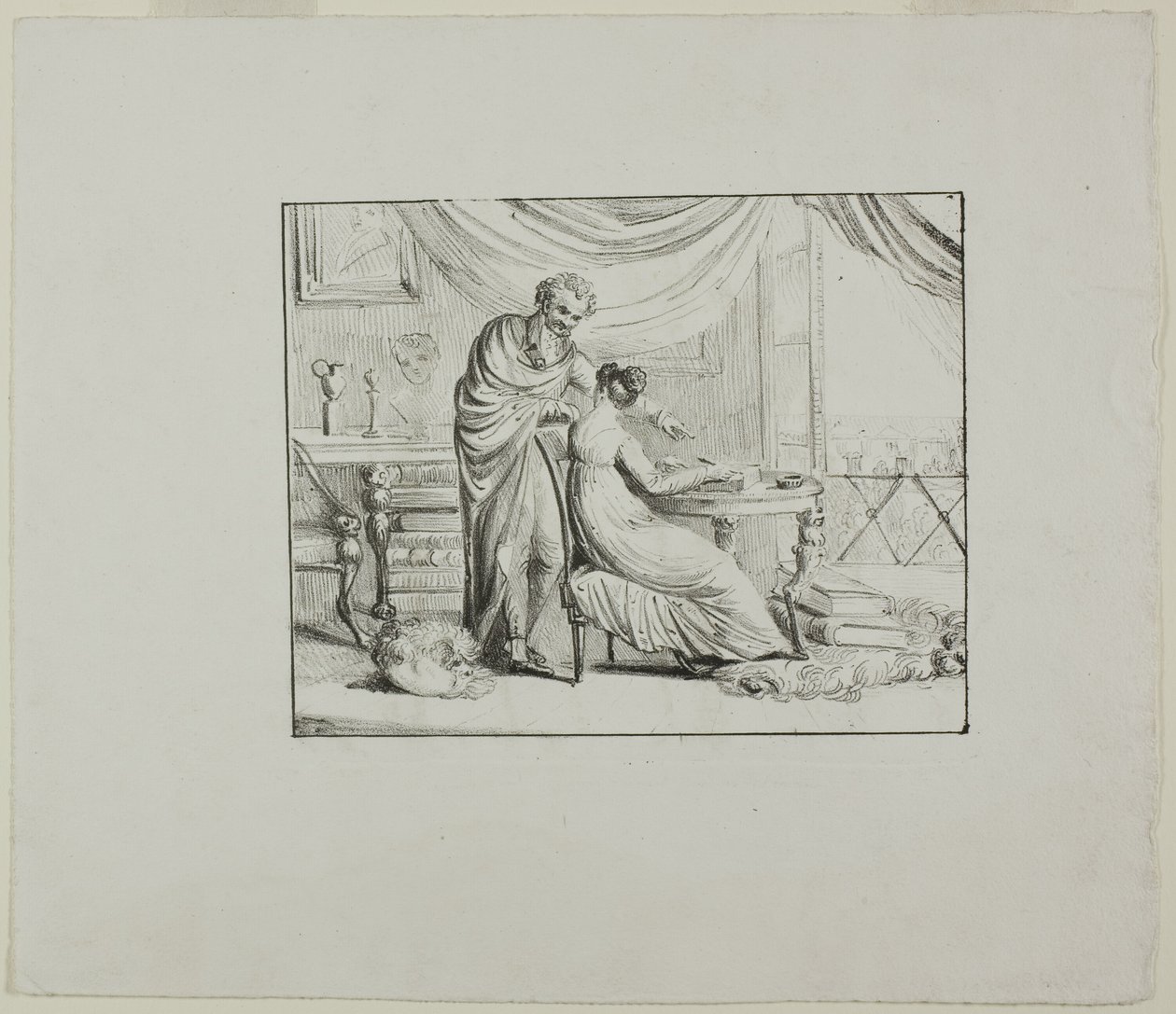 Denon geeft les aan een jonge vrouw die op een lithografische steen tekent door Dominique Vivant Denon