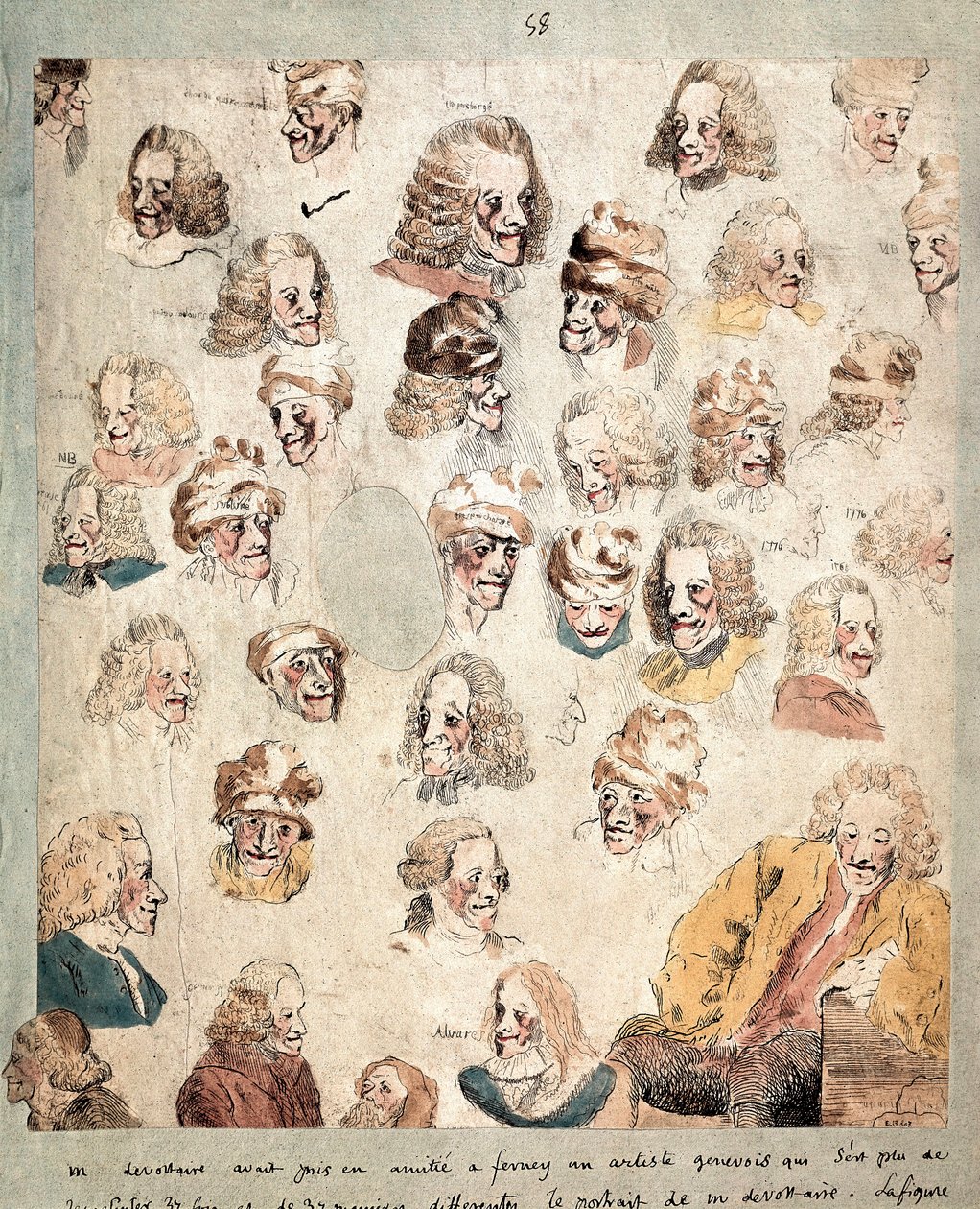 Verschillende gezichten in 30 hoofden van Voltaire door Dominique Vivant Denon
