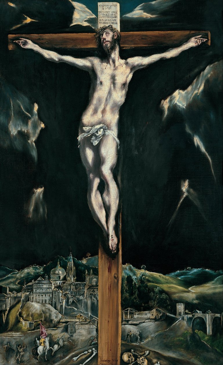Christus gekruisigd met Toledo op de achtergrond door El Greco