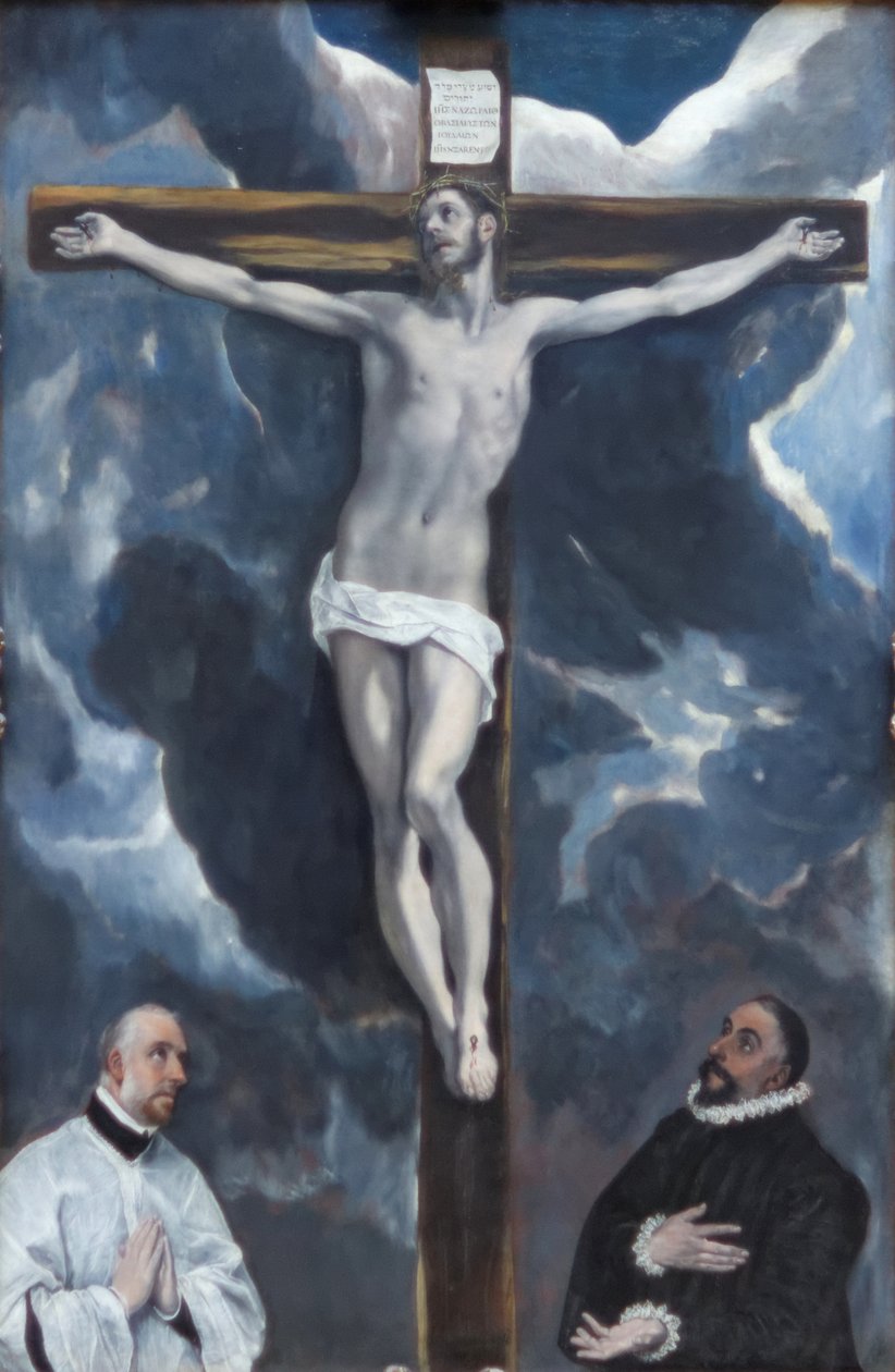 Christus aan het kruis aanbeden door twee schenkers door El Greco