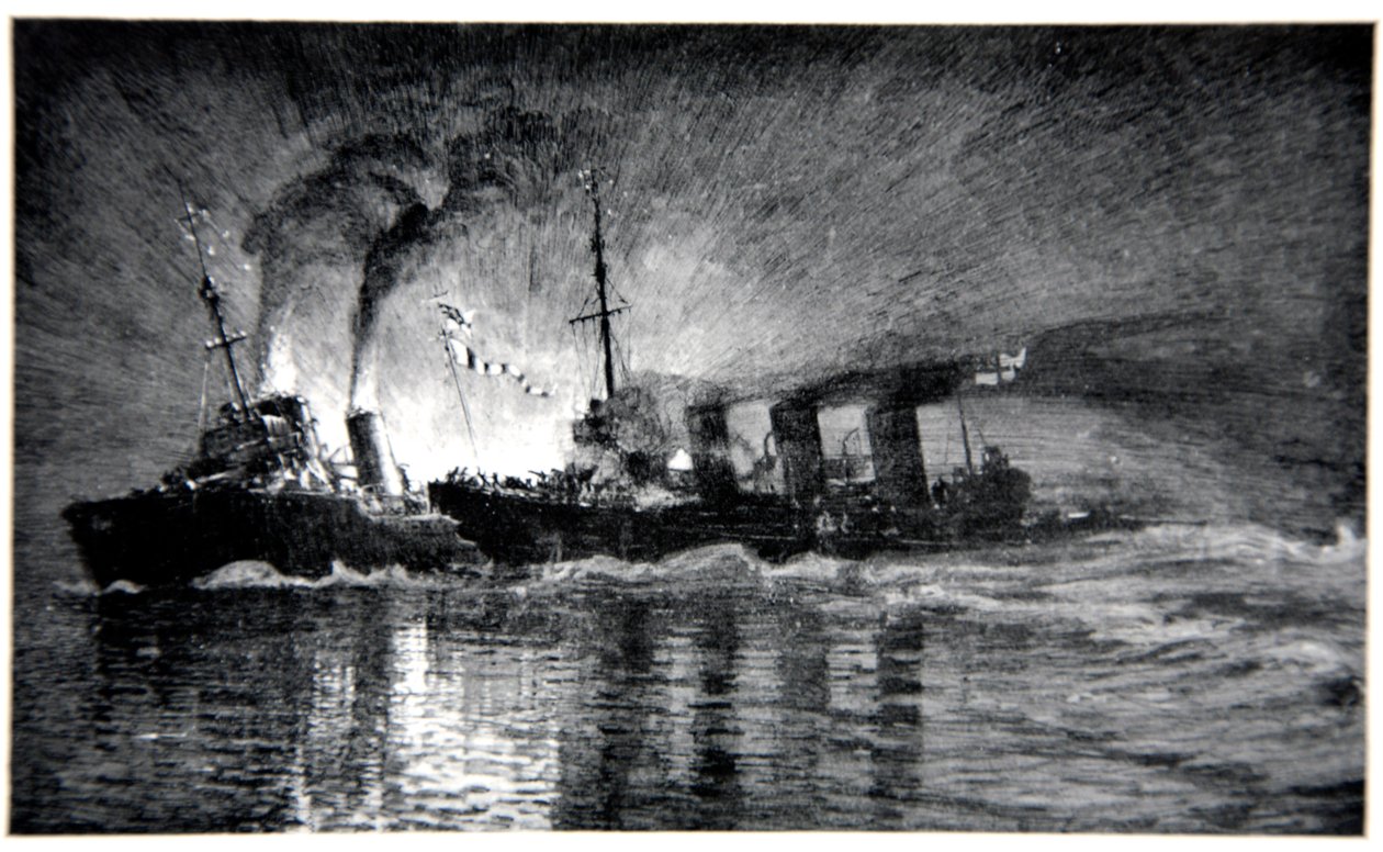 HMS Broke ramt de Duitse torpedobootjager, illustratie uit 