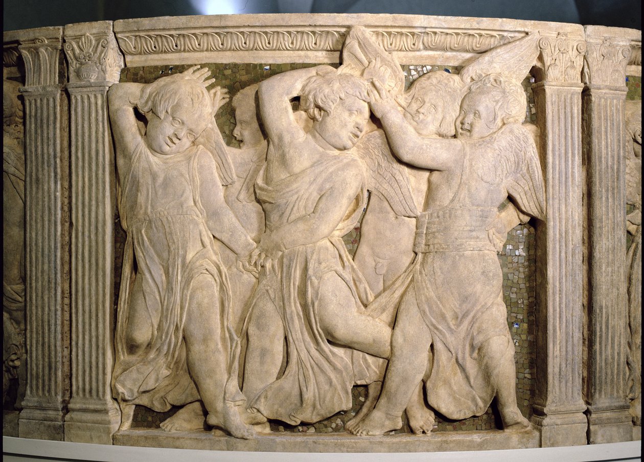 Post-restauratie paneel No.II van de buitenpreekstoel van de Prato-kathedraal, 1438 door Donatello