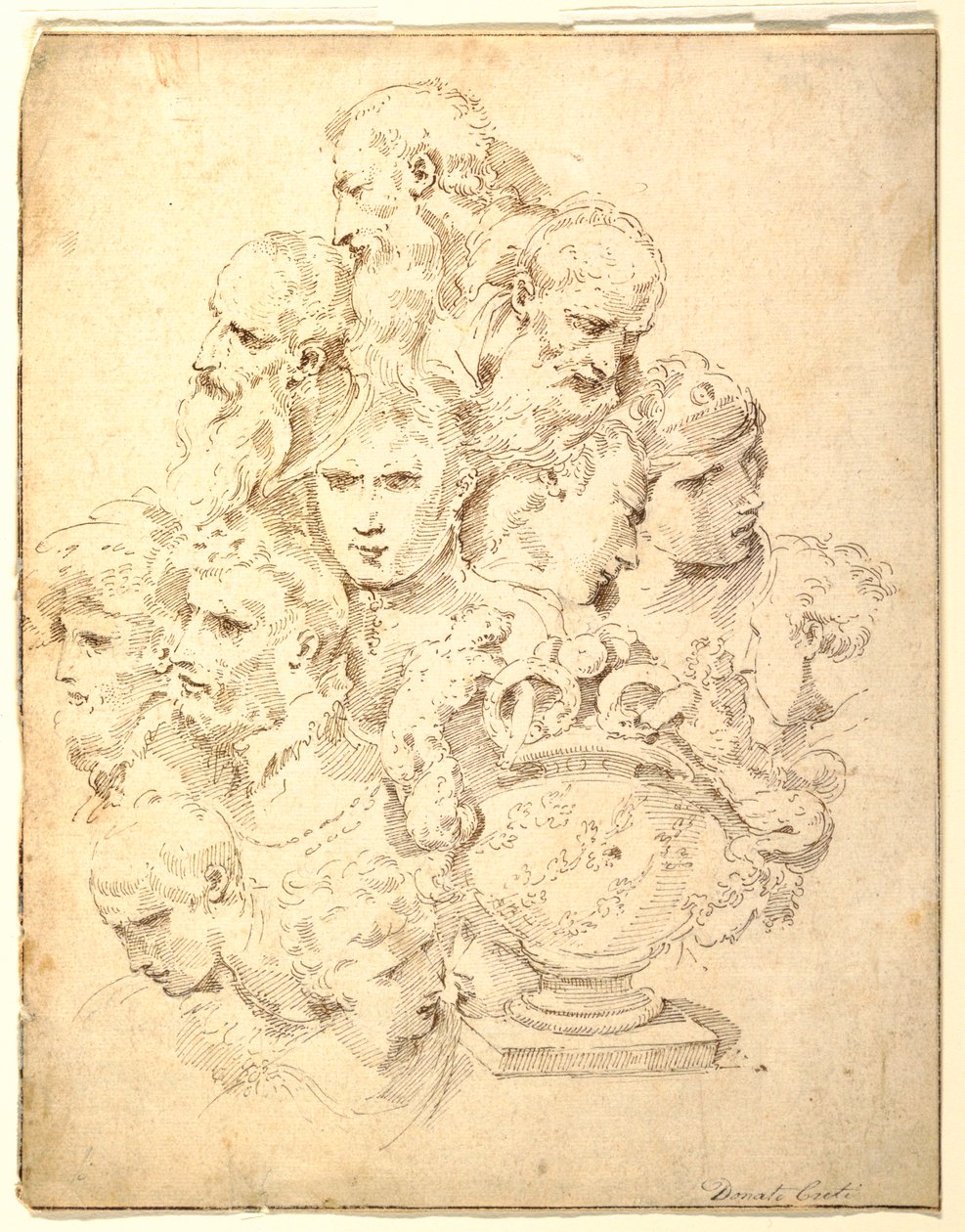 Tekening, Fantasie bestaande uit hoofden en een gebeeldhouwde Urn, ca. 1730 door Donato Creti