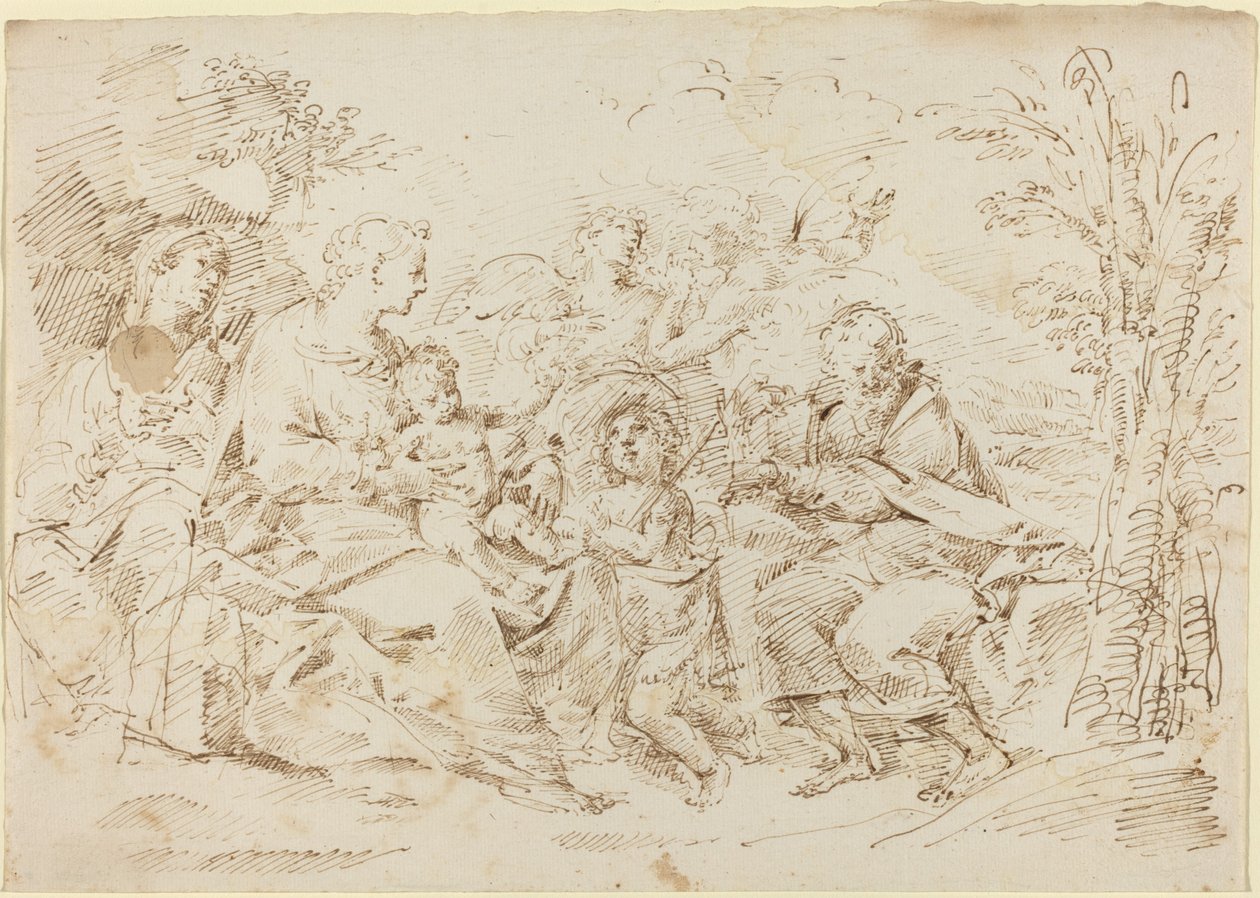 Heilige Familie met St. Elizabeth, St. Johannes de Doper en twee engelen in een landschap door Donato Creti