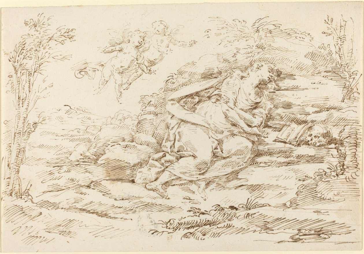 Boetvaardige Magdalena met engelen in een landschap door Donato Creti