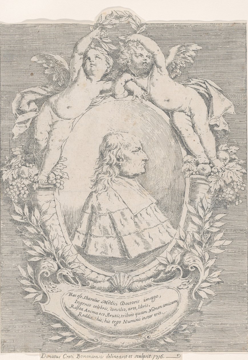 Portret van Giovanni Girolamo Sbaraglia, binnen een ovaal geflankeerd door twee putti op hoorn des overvloeds door Donato Creti