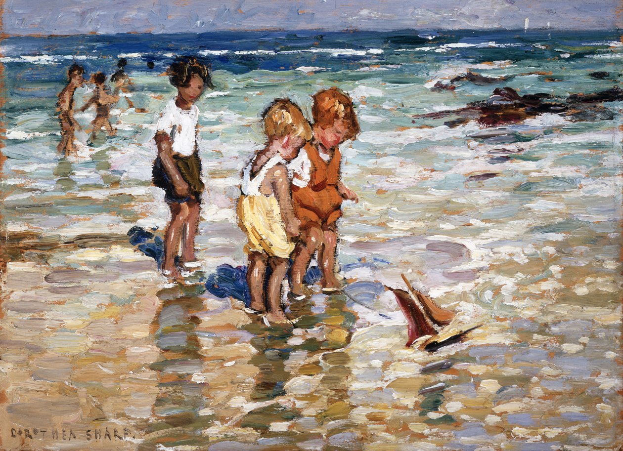 Pootjebadende kinderen (olieverf op paneel) door Dorothea Sharp