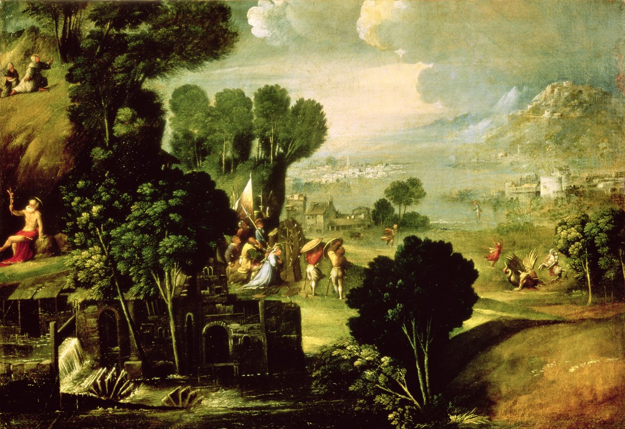 Landschap met Heiligen, 1520-30 door Dosso Dossi