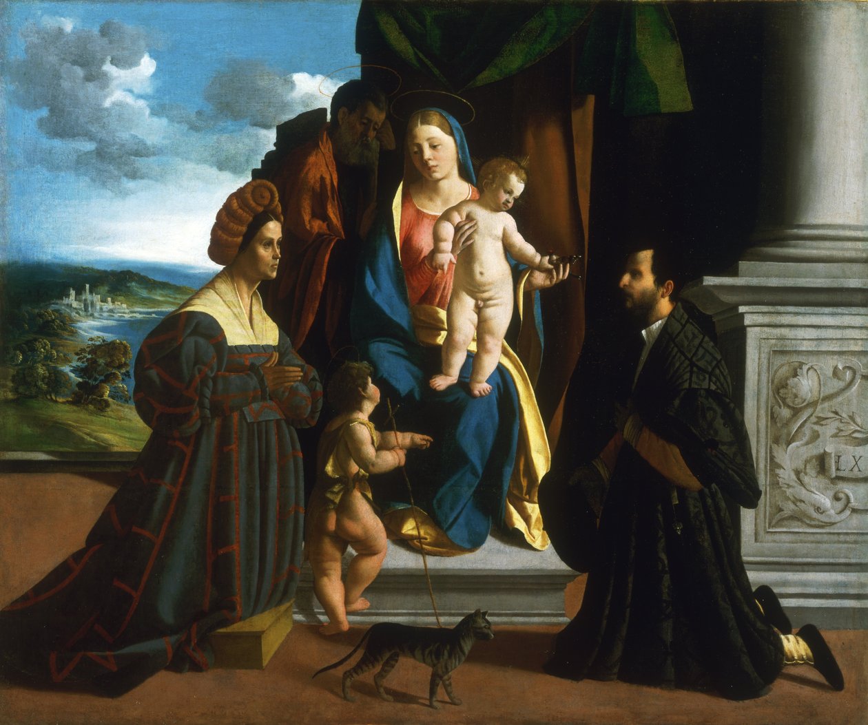 De Heilige Familie, met de jonge Sint-Jan de Doper, een kat en twee schenkers door Dosso Dossi