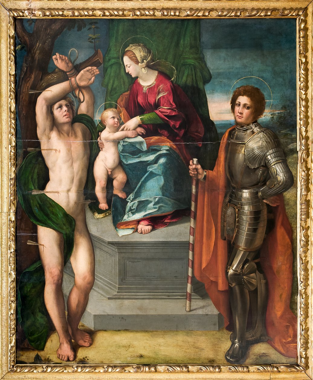 Madonna met Kind Jezus en St. Sebastiaan en St. Joris (detail) door Dosso Dossi