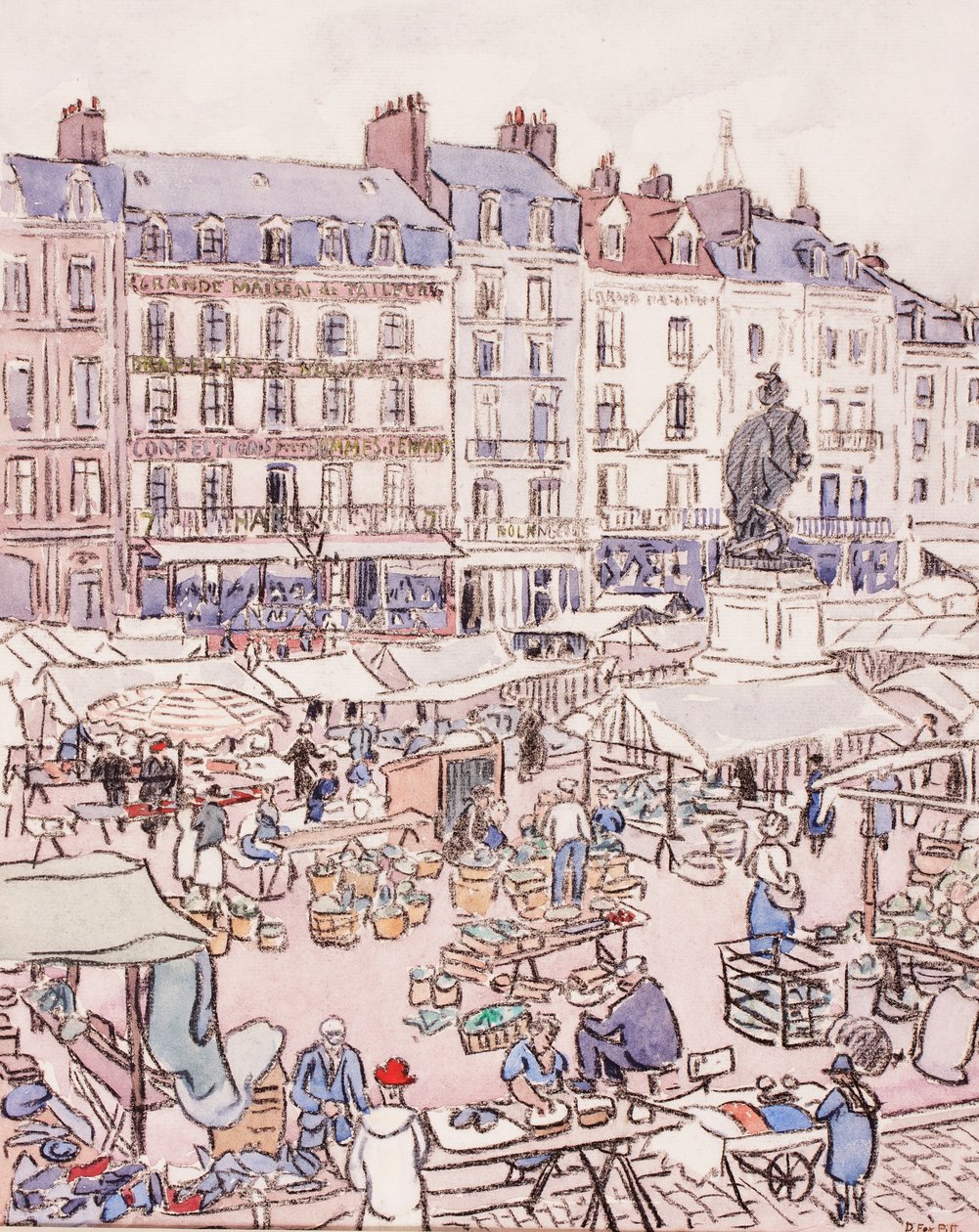 Place Nationale, Dieppe, ca. 1910 (krijt en wc op papier) door Douglas Fox Pitt