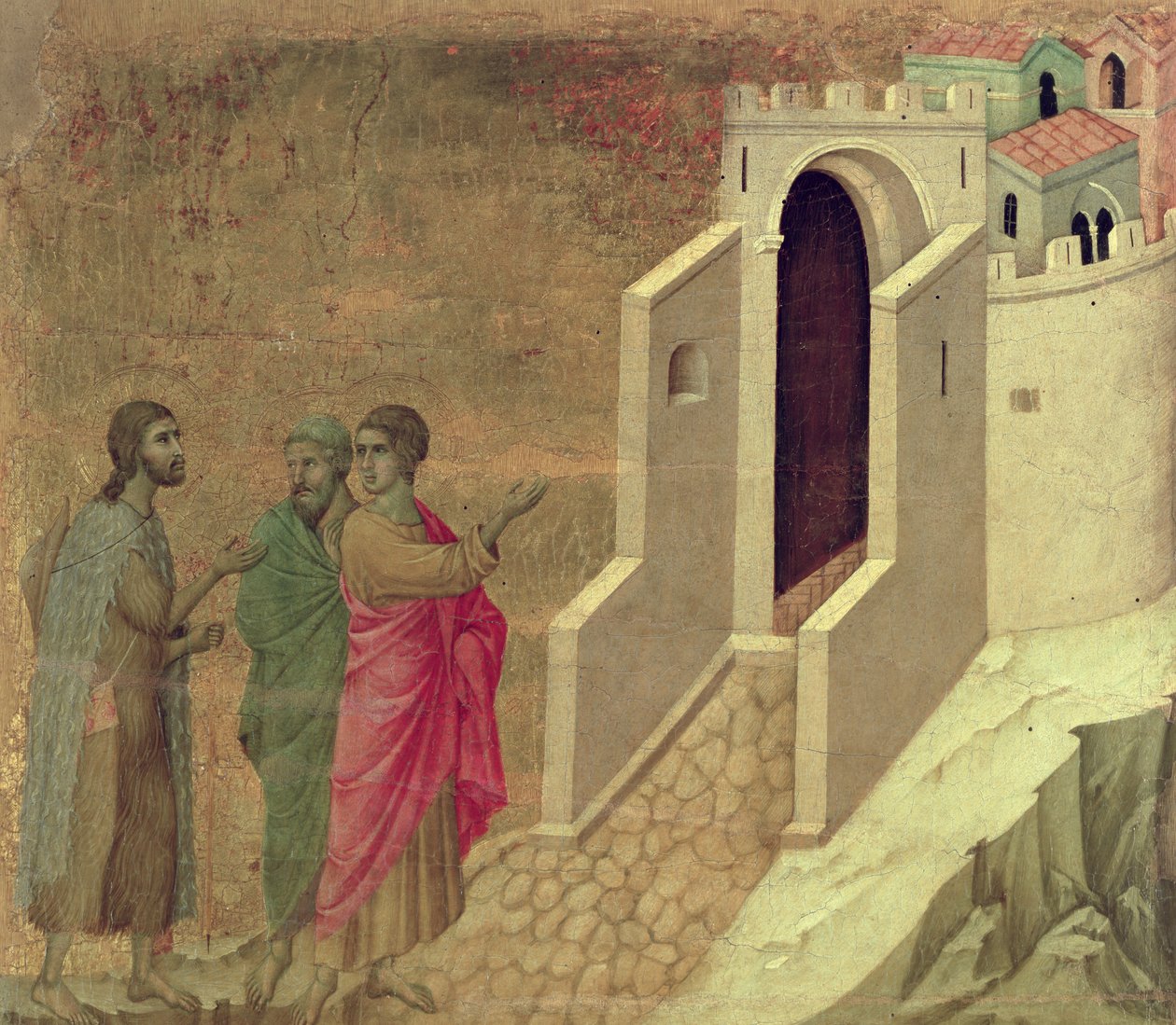 Maesta: Christus verschijnt op de weg naar Emmaüs, 1308-11 door Duccio di Buoninsegna
