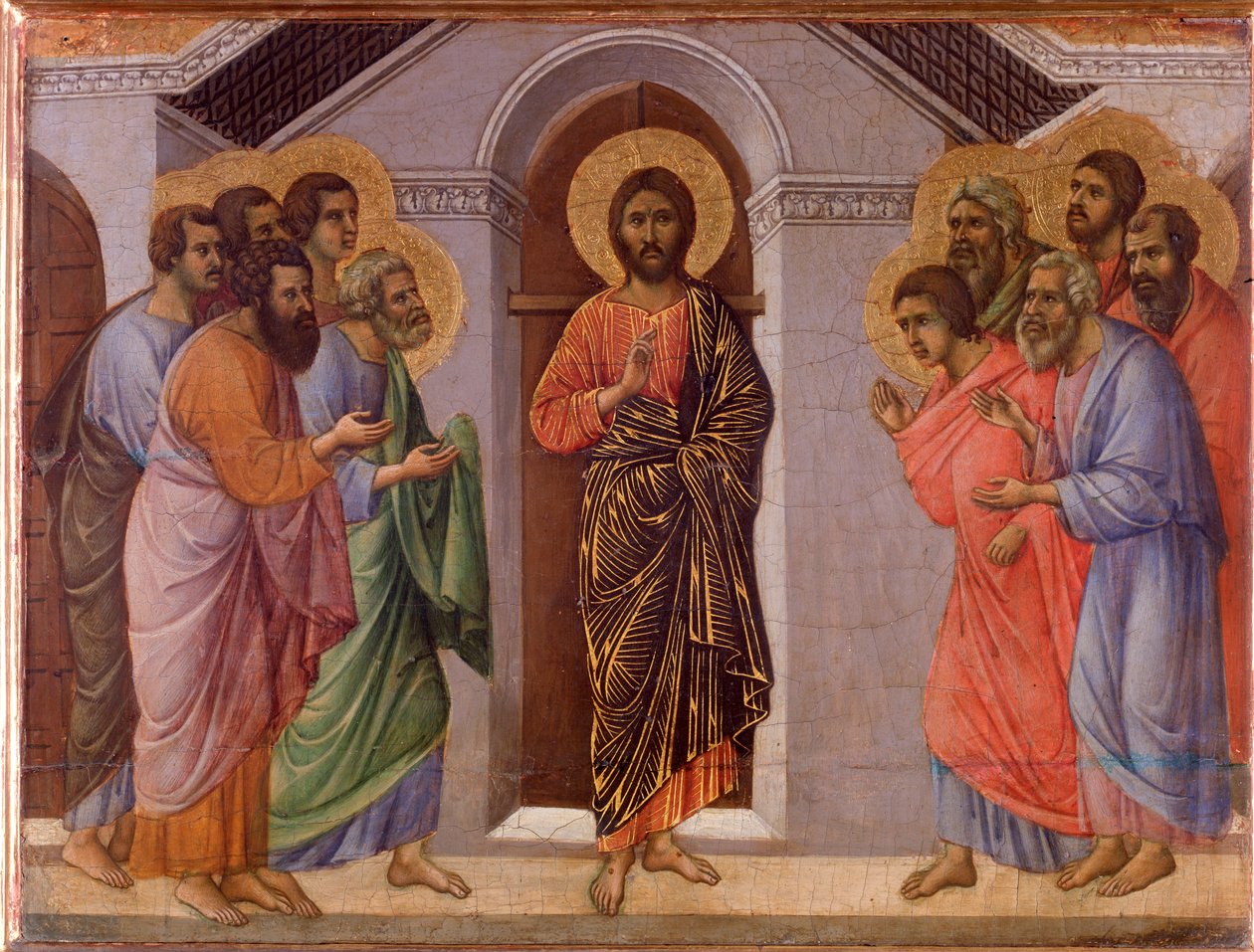Opgestane Jezus verschijnt aan de apostelen. Maesta altaarstuk door Duccio di Buoninsegna