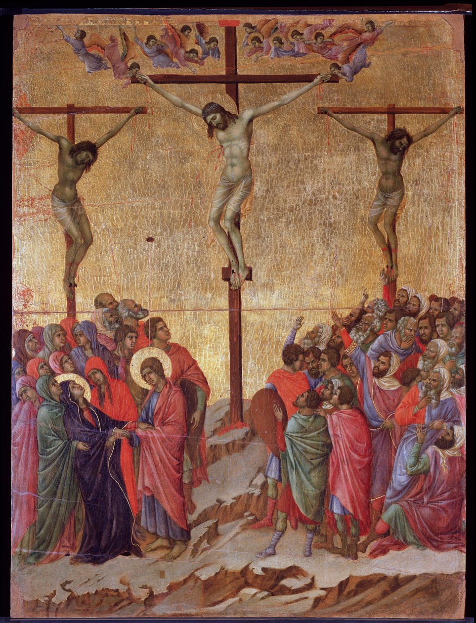 De kruisiging. Aan de zijkanten, de goede dief (Dismas) en de onboetvaardige dief (Gestas) door Duccio di Buoninsegna