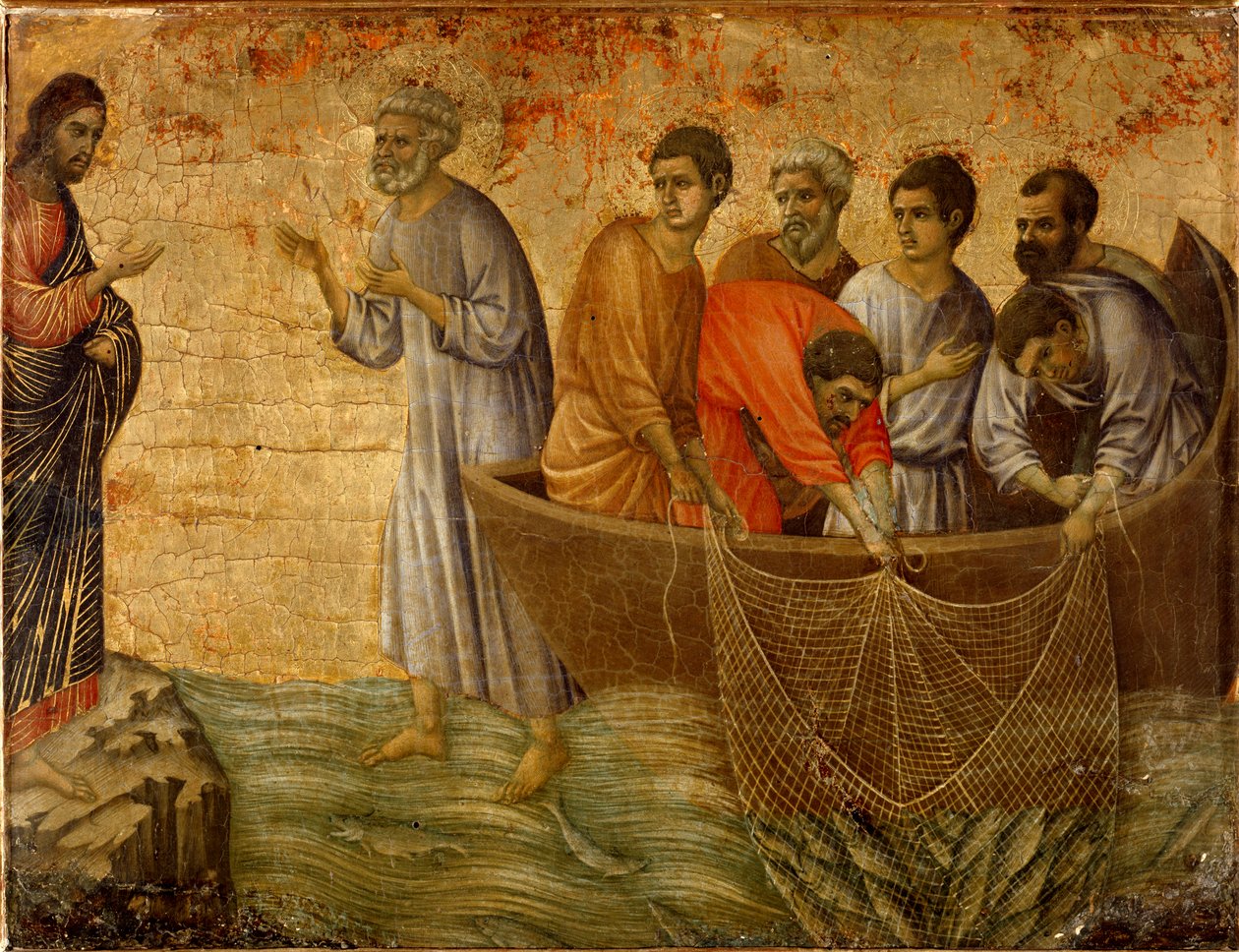 De tweede wonderbaarlijke zonde: de verschijning van Christus aan de apostelen op het Meer van Tiberias door Duccio di Buoninsegna