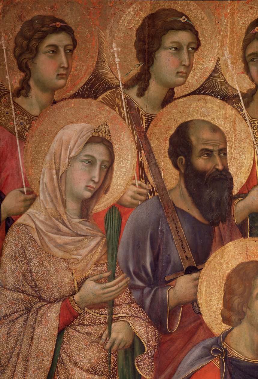 Maagd en kind op de troon, detail met heilige Catharina van Alexandrië en heilige Paulus (detail) door Duccio di Buoninsegna