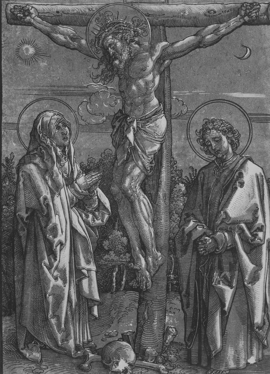 Christus aan het Kruis met de Maagd en Sint Jan, 1500-1550 door Dürer School.