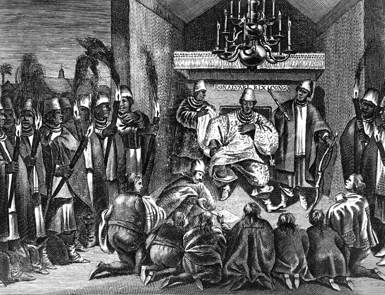 Koning Alvaro I van Kongo ontvangt de Nederlandse ambassadeurs, een illustratie uit de 