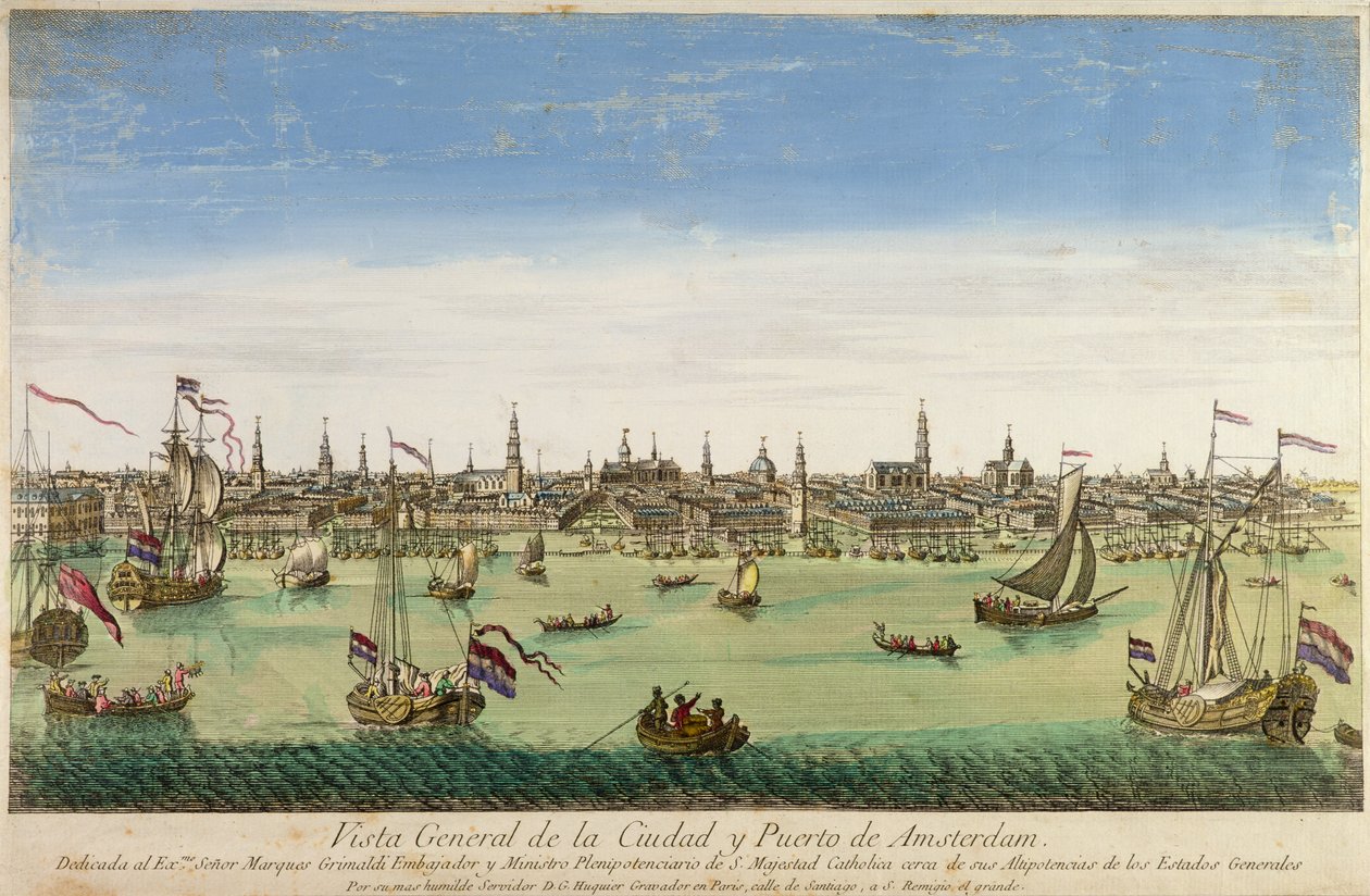 Algemeen Uitzicht op de Haven en Stad van Amsterdam, gravure door D.G. Hucquier, 16e eeuw door Dutch School