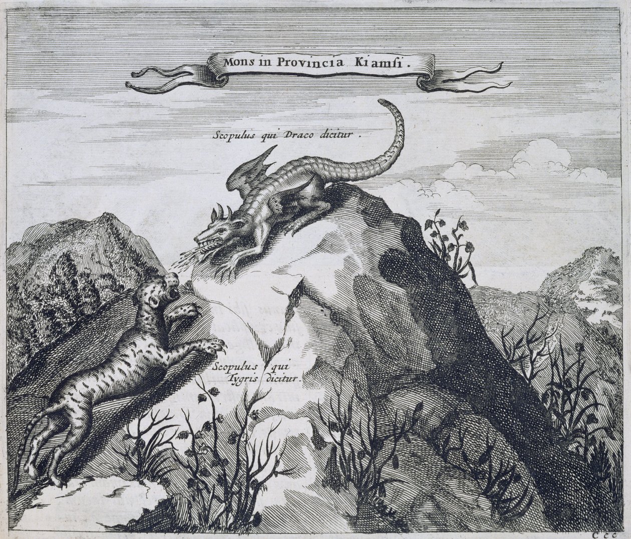 Een berg in de provincie Jiangxi met rotsen bekend als de Draak en de Tijger, uit China Illustrated door Athanasius Kircher, 1667 door Dutch School