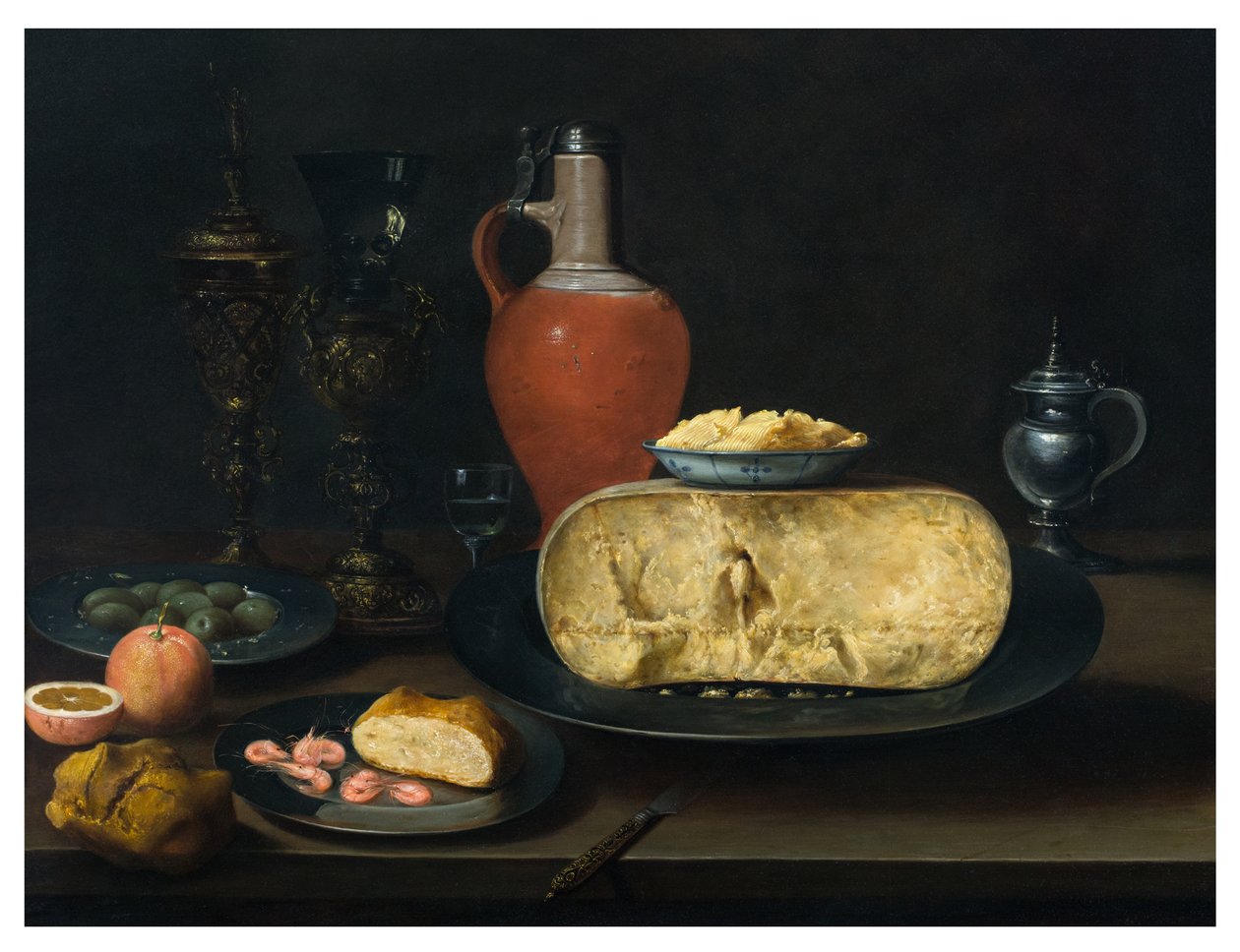 Een stilleven met kaas, boter, brood, garnalen, sinaasappels, olijven en wijn op een tafel door Dutch School