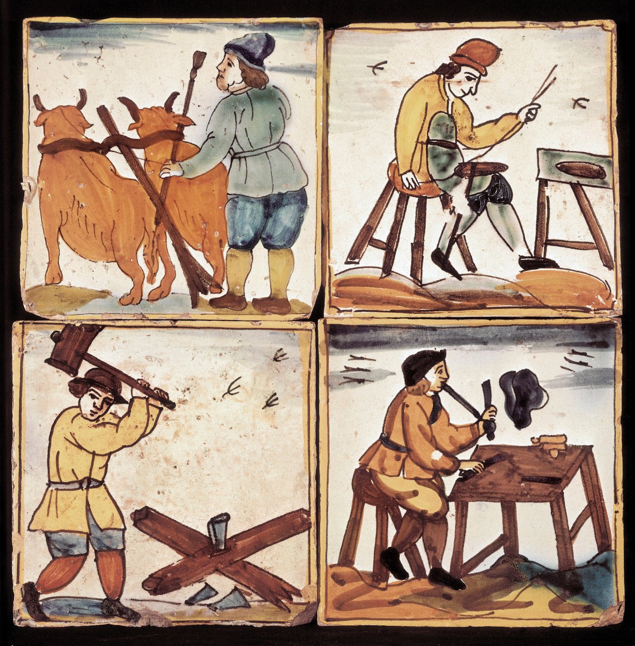 Azulejos-paneel: voorstelling van ambachten, boerenploeg, spaarder, houtklover en een pijper door Dutch School
