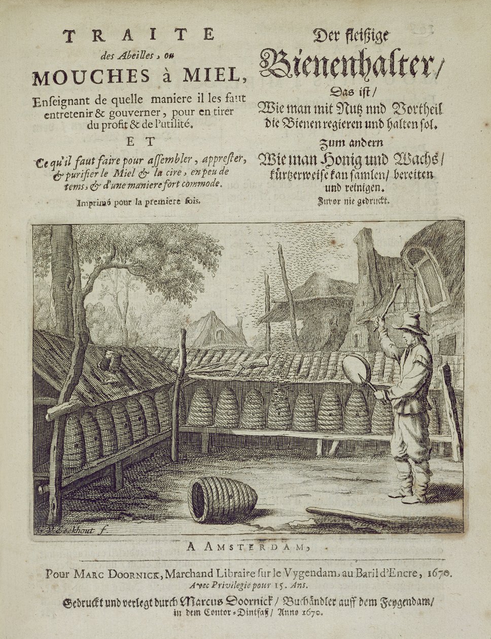 Omslag van Traite des Abeilles, ou Mouches a Miel... gedrukt in het Frans en Duits, gegraveerd door G.V. Eckhout, Amsterdam 1670 door Dutch School