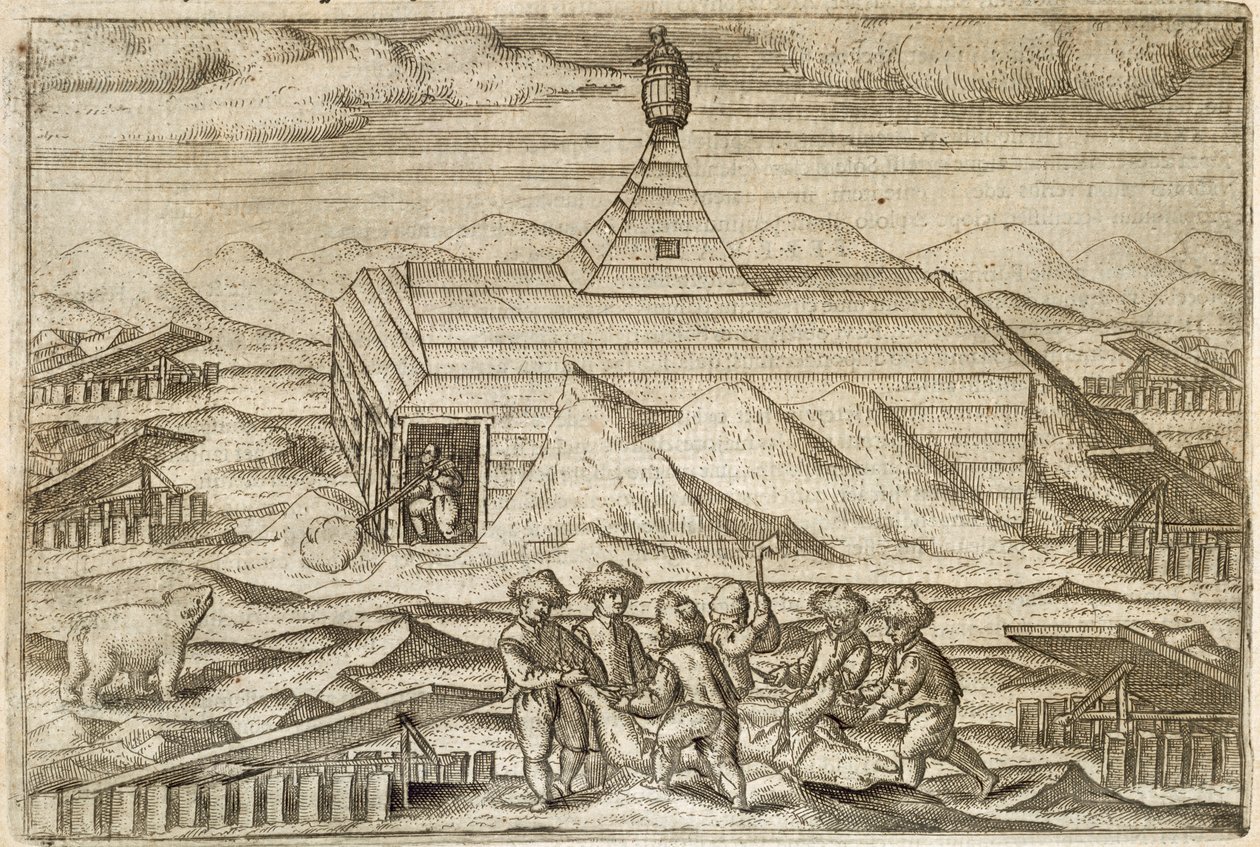 Bemanning doodt en vilt beren, buiten de hut waarin de expeditie overwinterde, illustratie uit 