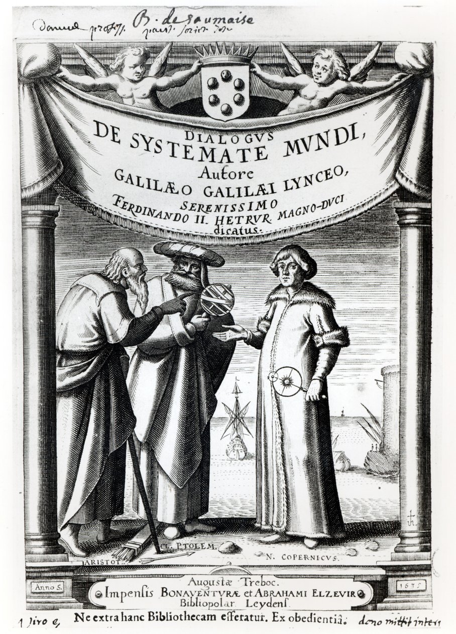 Frontispice van Dialogus De Systemate Mundi door Galileo (1564-1642), gepubliceerd in Leiden 1635 door Dutch School