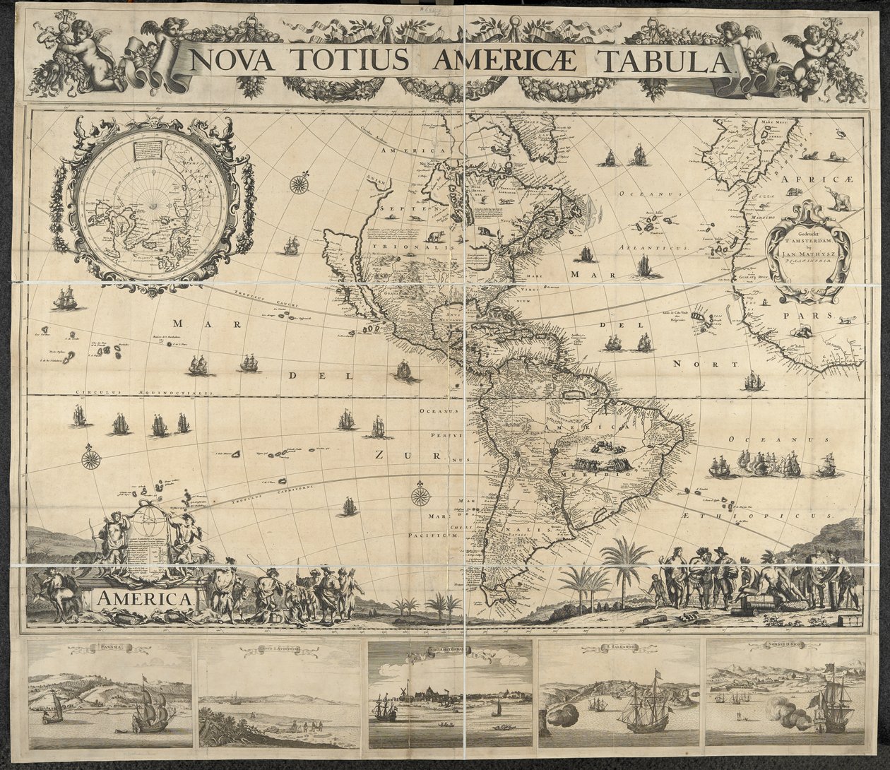 Kaart van Amerika, Nova totius Americae Tabula, [met uitzichten van] Panama, Caput S. Augustini, Nieu Amsterdam, S. Salvador, Nombre D. Dios. Gedrukt bij J. Mathysz door Dutch School
