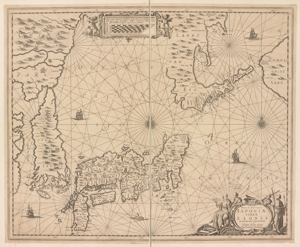 Kaart van Japan, Nova et accurata Japoniae, Terrae Esonis ac Insularum adjacentium ex nivissima detectione descriptio door Dutch School