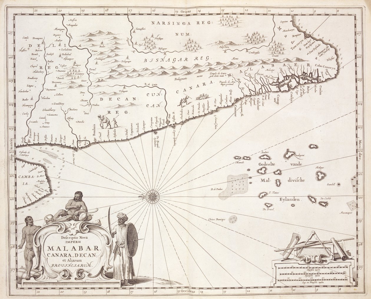 Kaart van de kust van Malabar, Oost-Indië door Dutch School