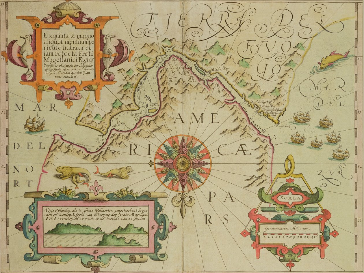 Kaart van de Straat van Magellaan, Patagonië, uit de Mercator Atlas uitgegeven door Jodocus Hondius, Amsterdam, 1606 door Dutch School
