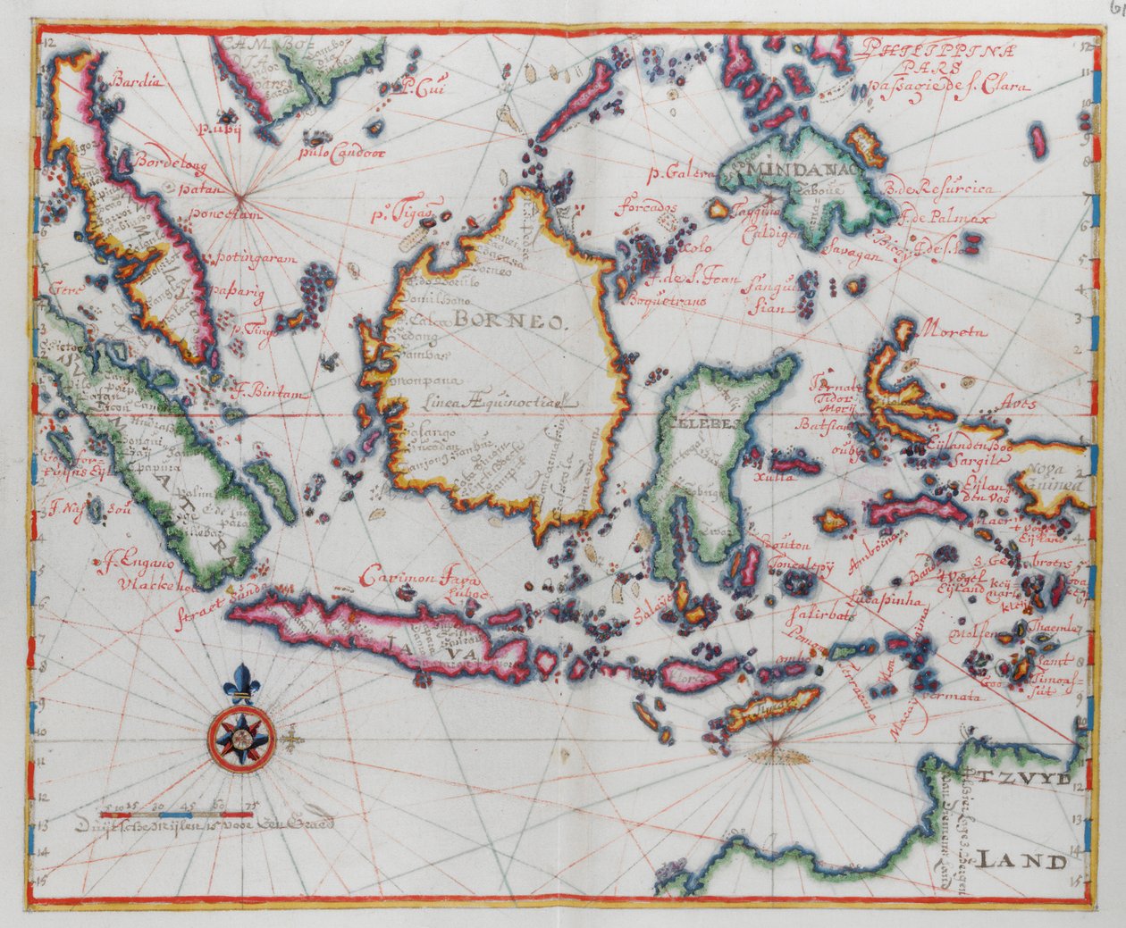 Kaart die Borneo, Celebes (Sulawesi), Java en andere Indonesische eilanden toont. door Dutch School