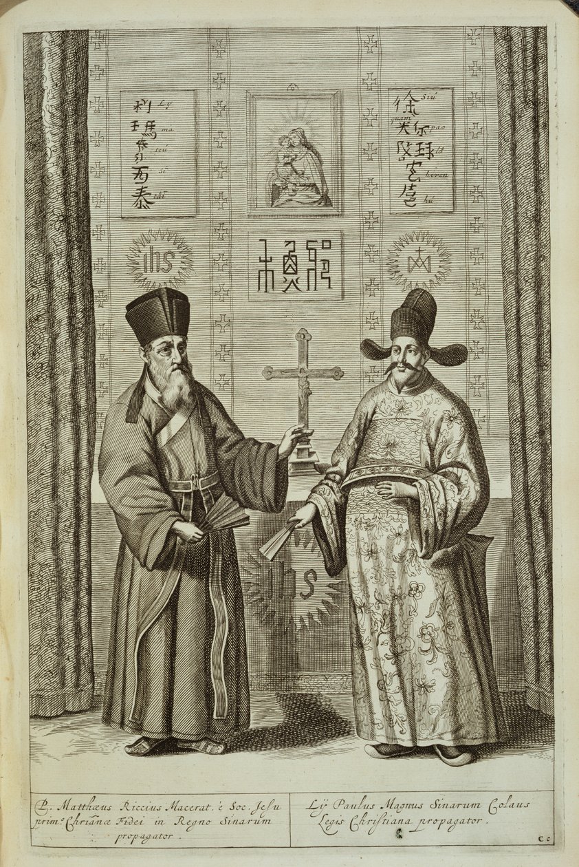 Matteo Ricci (1552-1610) en Paulus Li, uit China Illustrated door Athanasius Kircher (1601-80) 1667 door Dutch School
