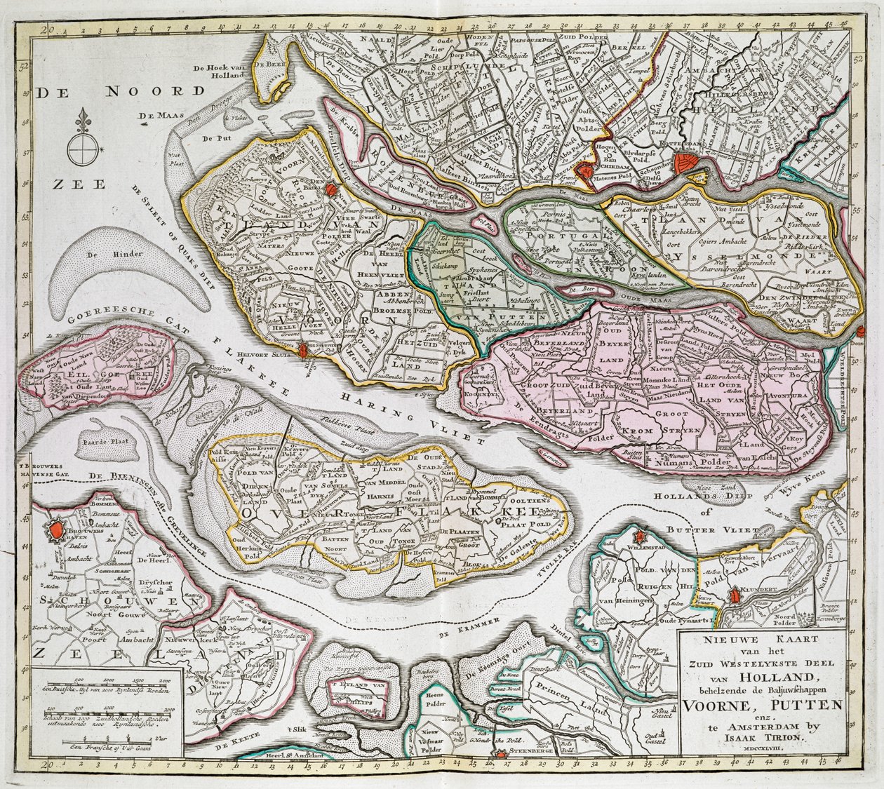 Nieuwe Kaart der van het Zuid Westelykste deel van Holland, behelzende de Baljuwschappen Voorne, Putten, enz. [Zesendertig kaarten van Nederland] Isaak Tirion Tussen 1739 en 1757 door Dutch School