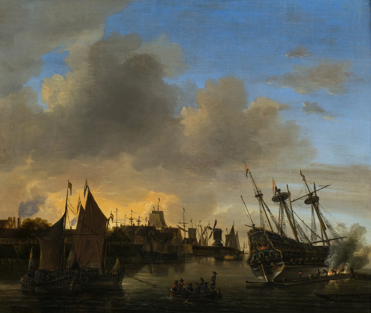 Talrijke schepen in een Nederlandse haven door Dutch School