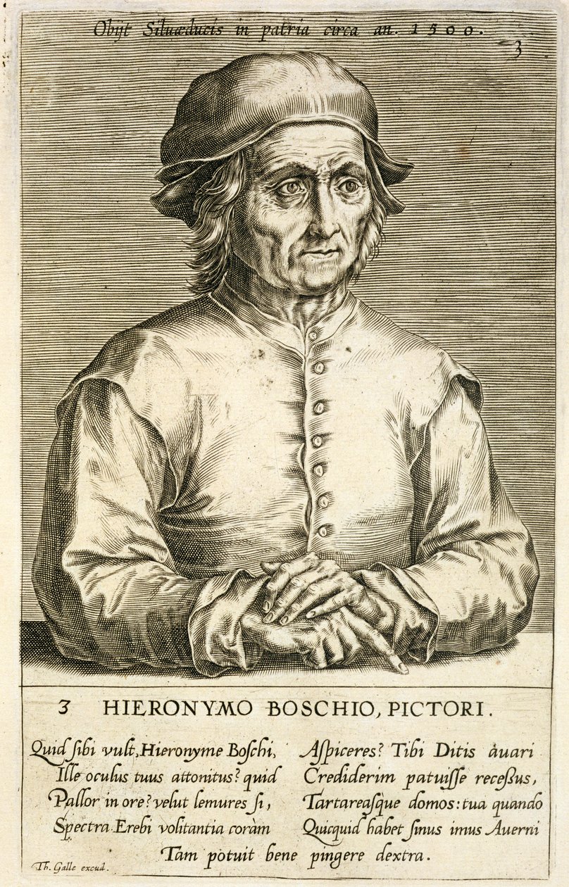 Portret van Hieronymus Bosch (ca.1450-1516) plaat 3 uit een serie portretten van kunstenaars, gegraveerd door Theodor Galle (1571-1633) door Dutch School