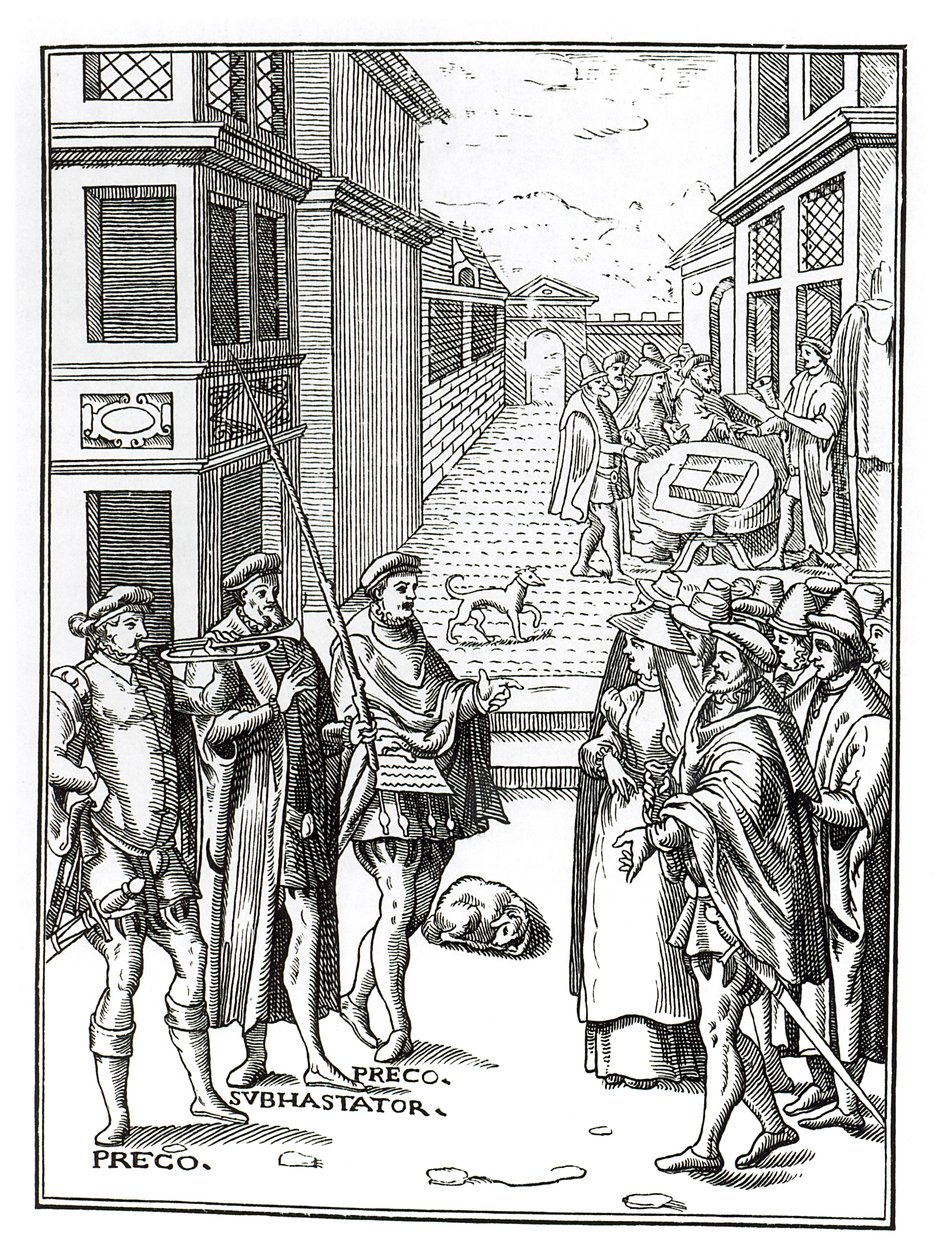 Verkoop door stadsomroeper, naar een houtsnede in Praxis Rerum Civilium door Joos de Damhouder, gepubliceerd Antwerpen, 1557 door Dutch School