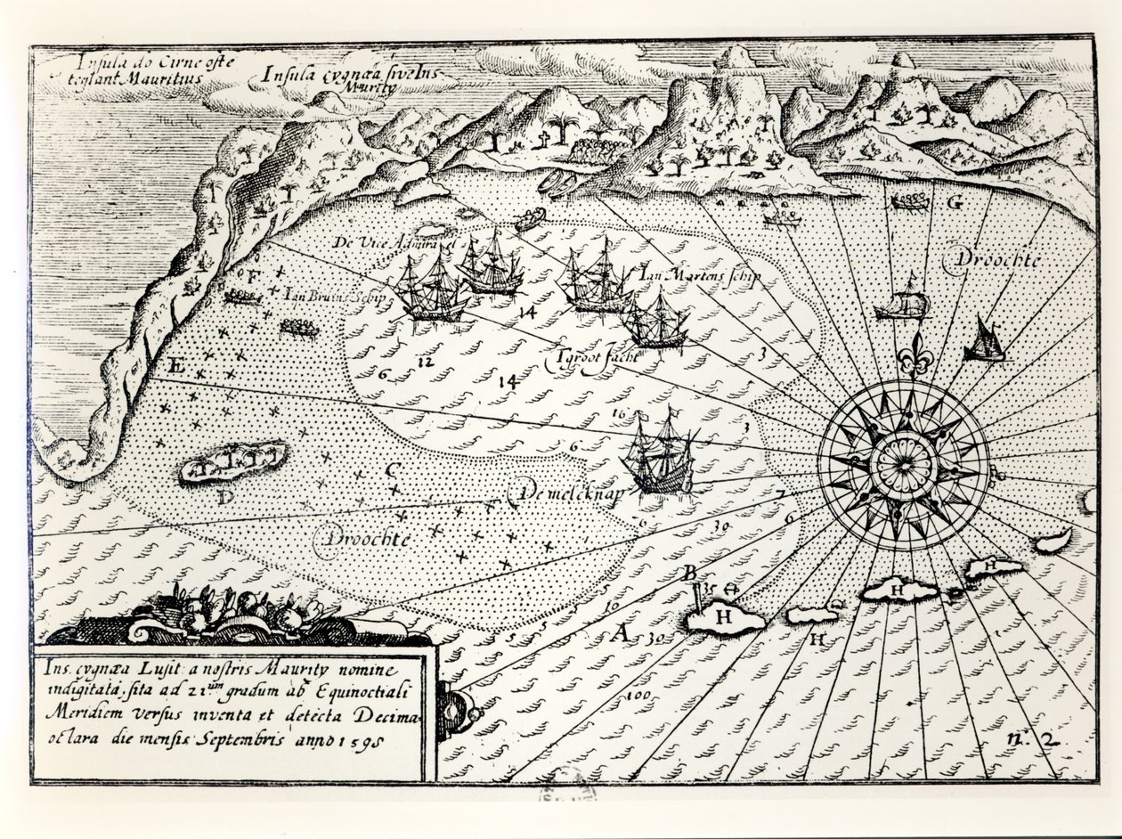 De aankomst van de vloot van vice-admiraal Wybrandt Van Warwijck in de zuidoostelijke haven van Mauritius in september 1598 door Dutch School