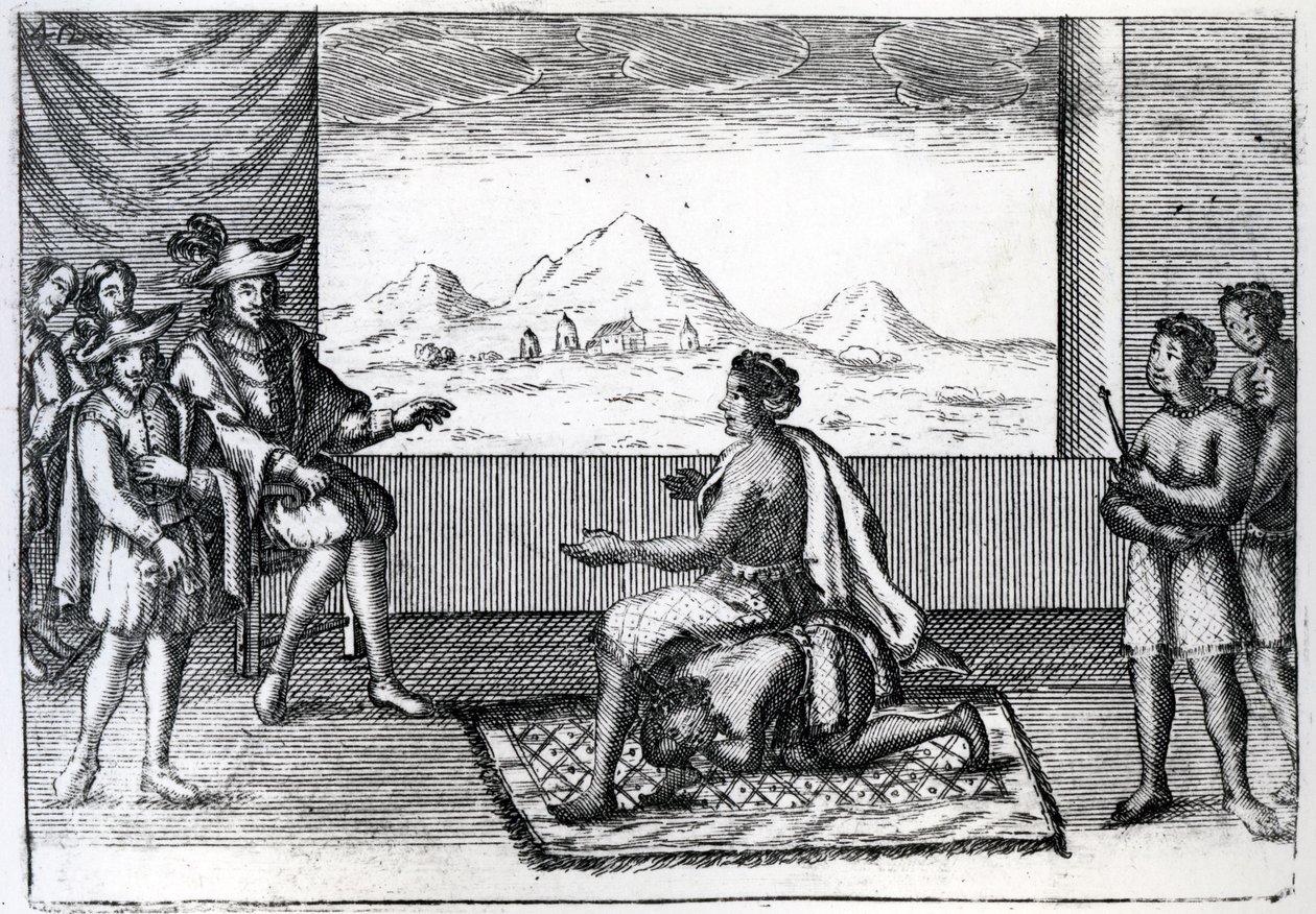 De ontmoeting tussen koningin Nzinga van Ndongo en Joao Correia de Sousa de Portugese gouverneur van Luanda in 1622 (gravure) door Dutch School
