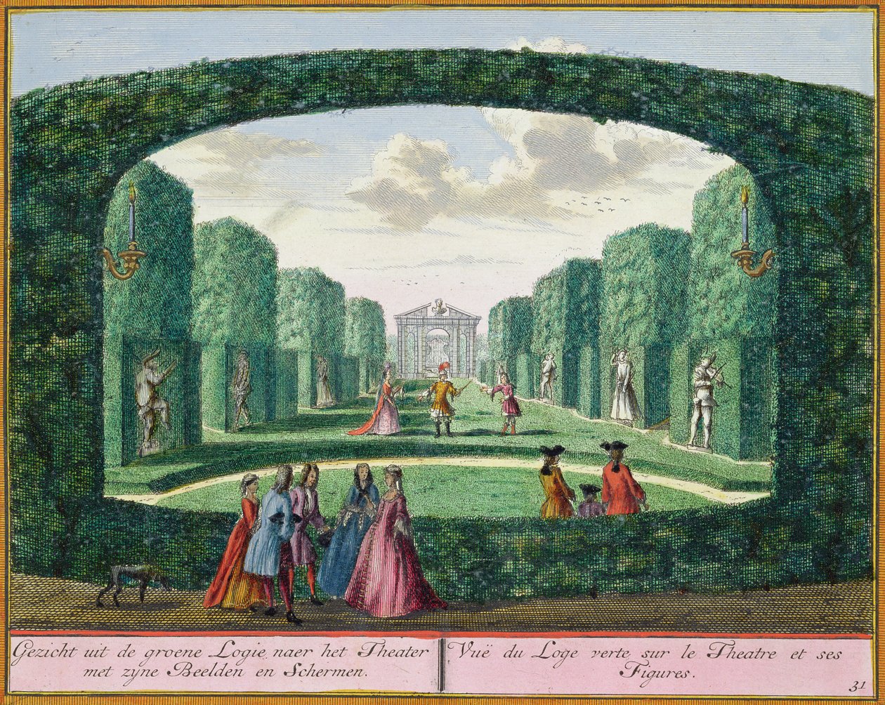 Uitzicht vanaf de groene loggia naar het theater, uit Het Zegenpralent Kennemerlant, door Hendrick de Leth en Matthias Brouerius Van Nidek, gepubliceerd ca. 1700-1730 door Dutch School