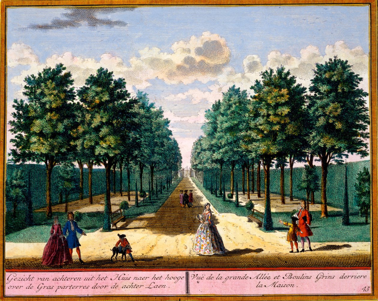 Uitzicht op de wandelweg aan de achterkant van het huis, uit Het Zeganpralent Kennemerlant door Hendrick de Leth en Matthias Brouerius Van Nidek, gepubliceerd ca. 1700-30 door Dutch School